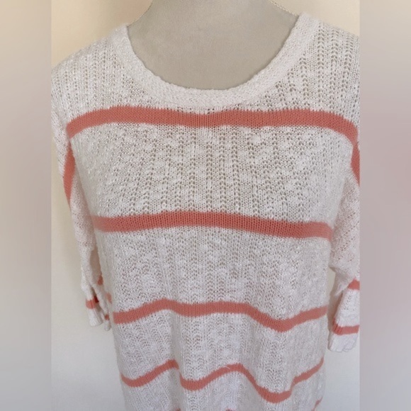 Sonoma Peach and White Striped Loose Knit Lightweight Sweater 3/4 length sleeves - Picture 2 of 3
